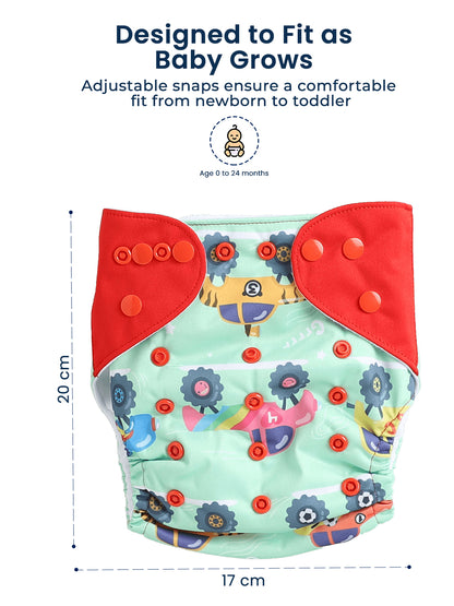 Polka Tots  Reusable & Washable Fleece Cloth Diapers with 1 Liner, Car Print