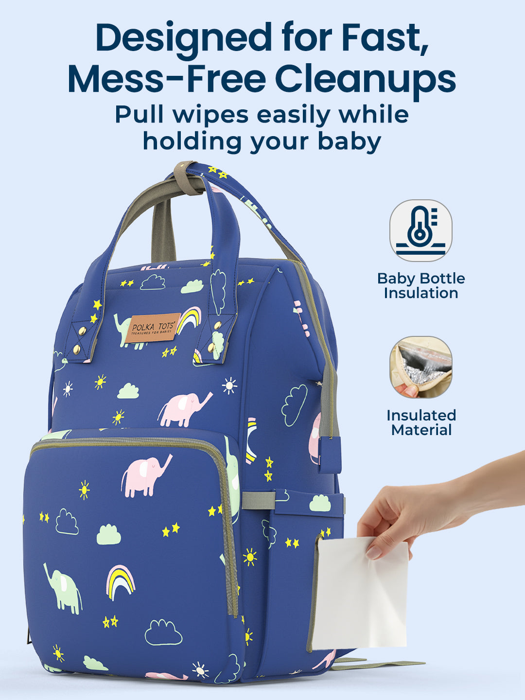 Polka Tots Diaper Bag Large Capacity With 17 Pockets For Moms & Dads- Blue
