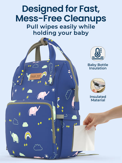 Polka Tots Diaper Bag Large Capacity With 17 Pockets For Moms & Dads- Blue