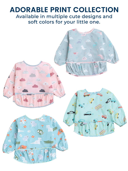 Polka Tots Cloud Print Waterproof Full Sleeves Apron Feeding Bibs for Baby
