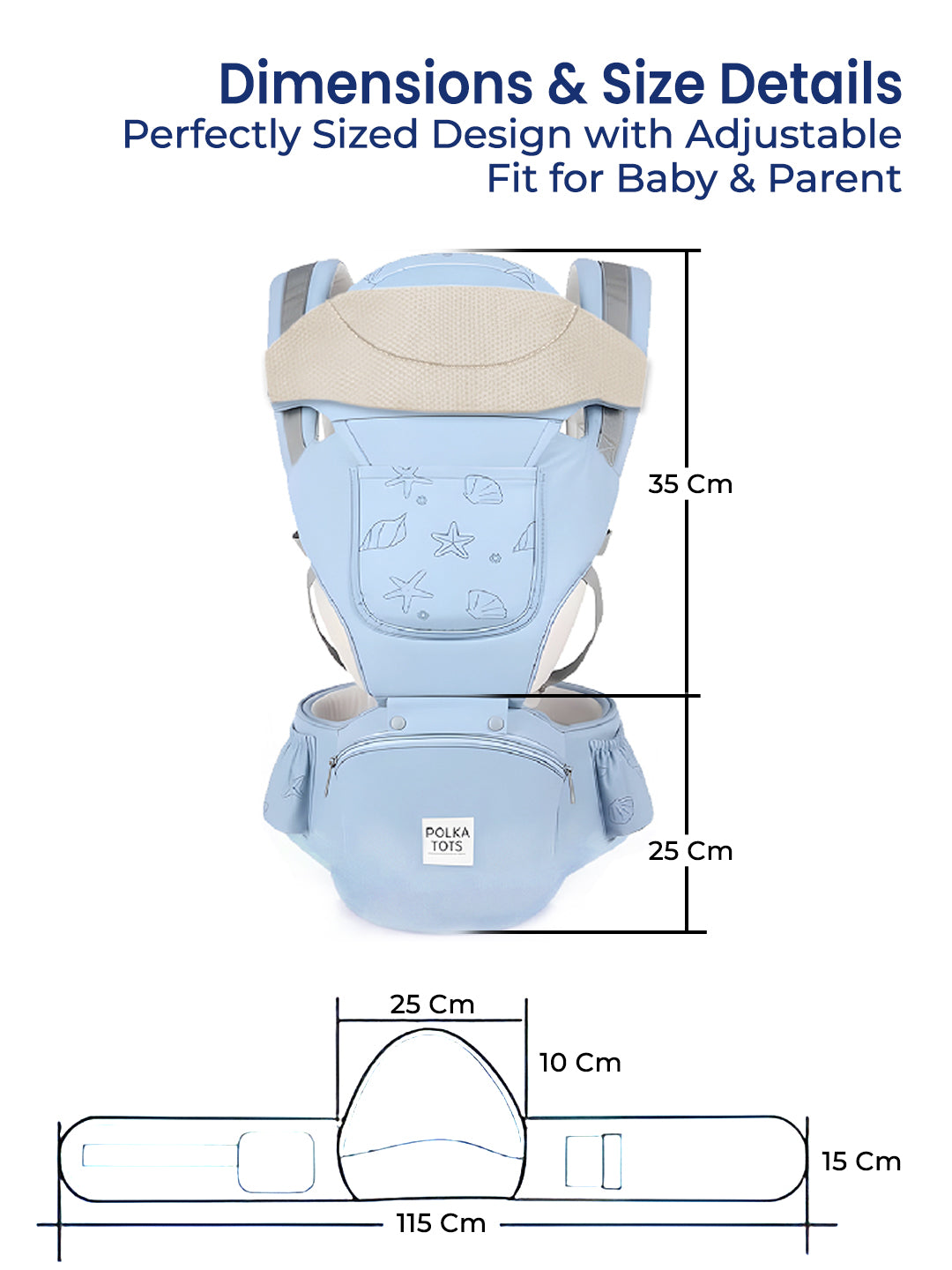 Polka Tots 6 in 1 Blue Baby Carrier with Detachable Hip Seat