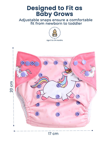 Polka Tots  Reusable & Washable Fleece Cloth Diapers with 1 Liner, Unicorn Print