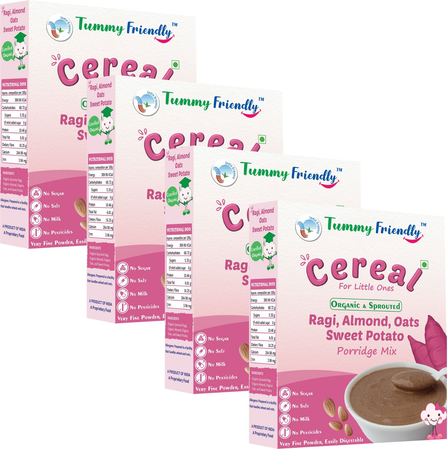 TummyFriendly Foods Organic Sprouted Ragi, Almond,Oats, SweetPotato Prdge Mix|800g, (200g each pack)