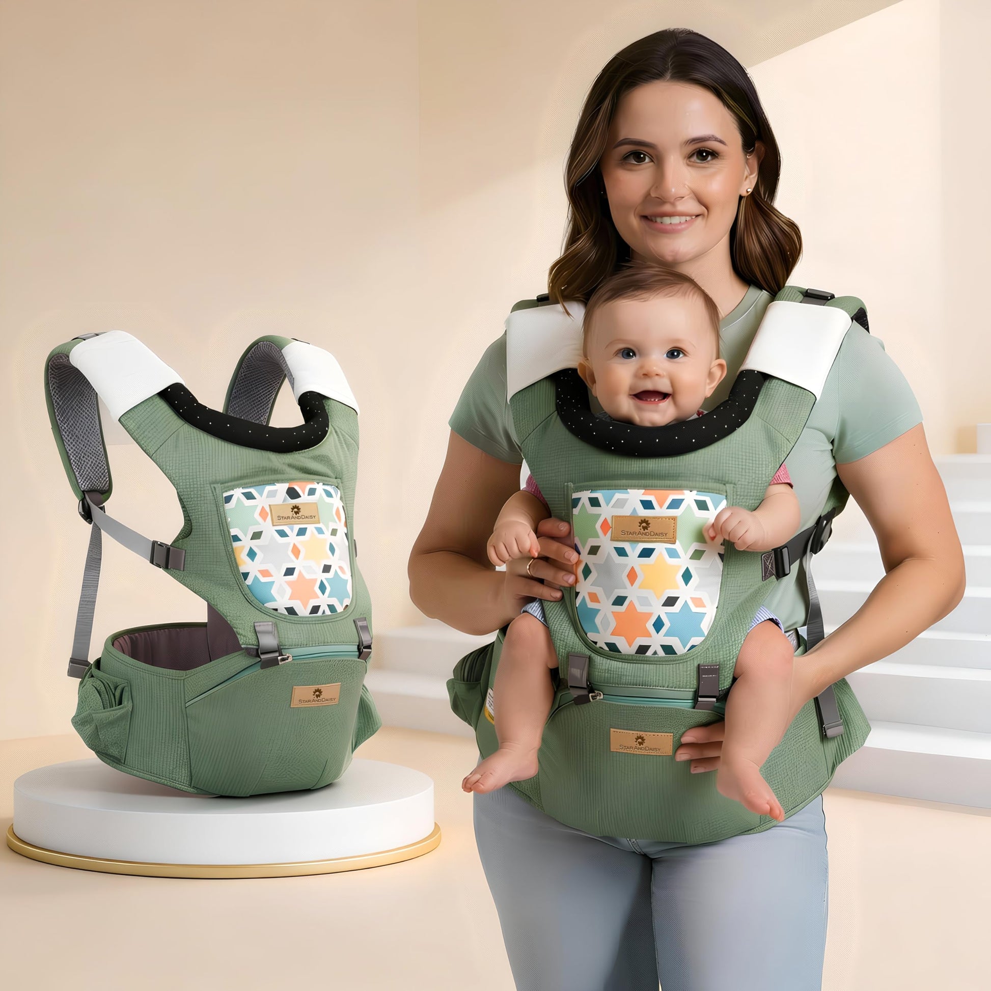 StarAndDaisy 4-in-1 Baby Carrier for 0 to 3 Year Baby/Kangaroo Bag with Comfortable Soft Hip Seat/Baby Carrier - 4 Carrying Positions, 2 Storage Pockets (Green)
