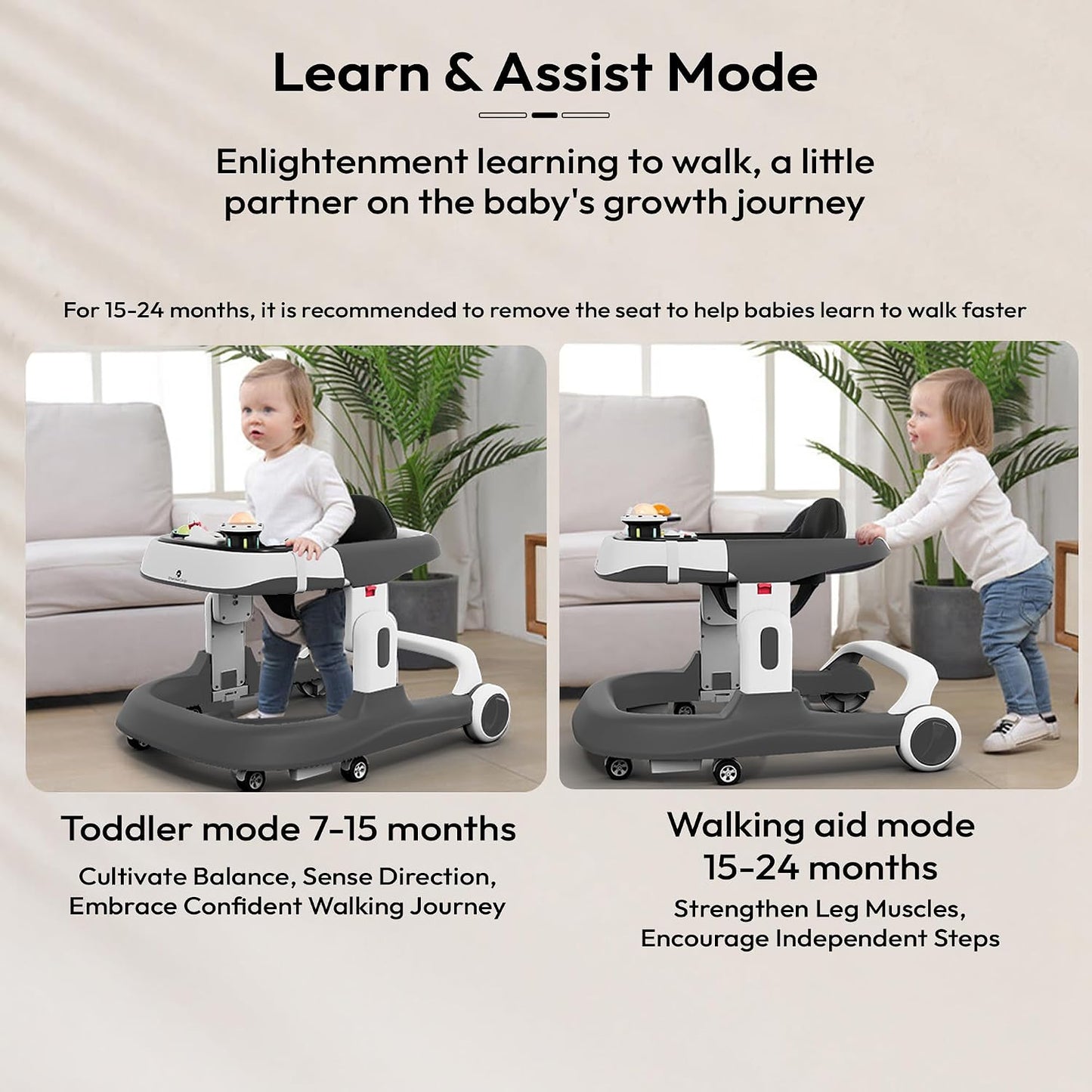 StarAndDaisy Baby Walker 6-18months Boy & Girl/Multifunction/Anti-o Shaped Leg/Anti-Fall/Music Box/Height Adjustment/Baby/Newborn/Girl/boy/ 6-15months *with SEAT Cushion - (Premium Grey)