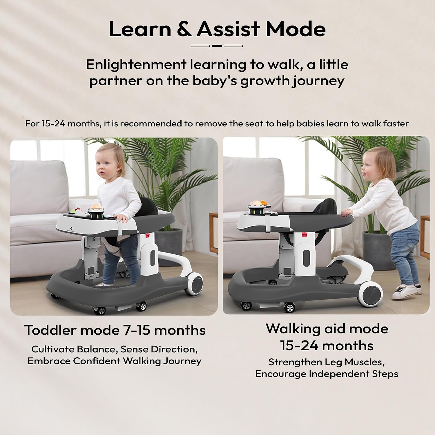 StarAndDaisy Baby Walker 6-18months Boy & Girl/Multifunction/Anti-o Shaped Leg/Anti-Fall/Music Box/Height Adjustment/Baby/Newborn/Girl/boy/ 6-15months *with SEAT Cushion - (Premium Grey)
