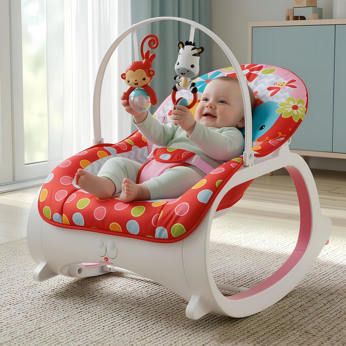 StarAndDaisy Baby Rockers for 0 to 2 Years, Baby Multi Functional Rocker chair for Babies, Infants & Toddler with Removable Mattress, Swing & Bouncer/Cradle with Vibrations, music & Hanging Toys (Rocker-Red)