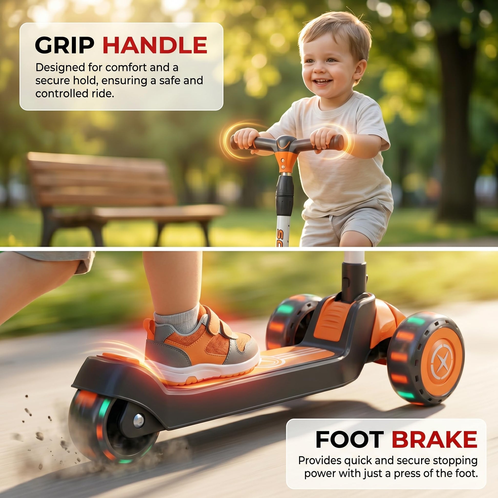 StarAndDaisy kick Scooter for Kids 3-12 Years Boys & Girls / 3-Wheel Skae Scooter Boys & Girls with Pu Light Up LED Wheels/Skating Scooter 5 Level Adjustable Height and Easy to Fold -Orange Black
