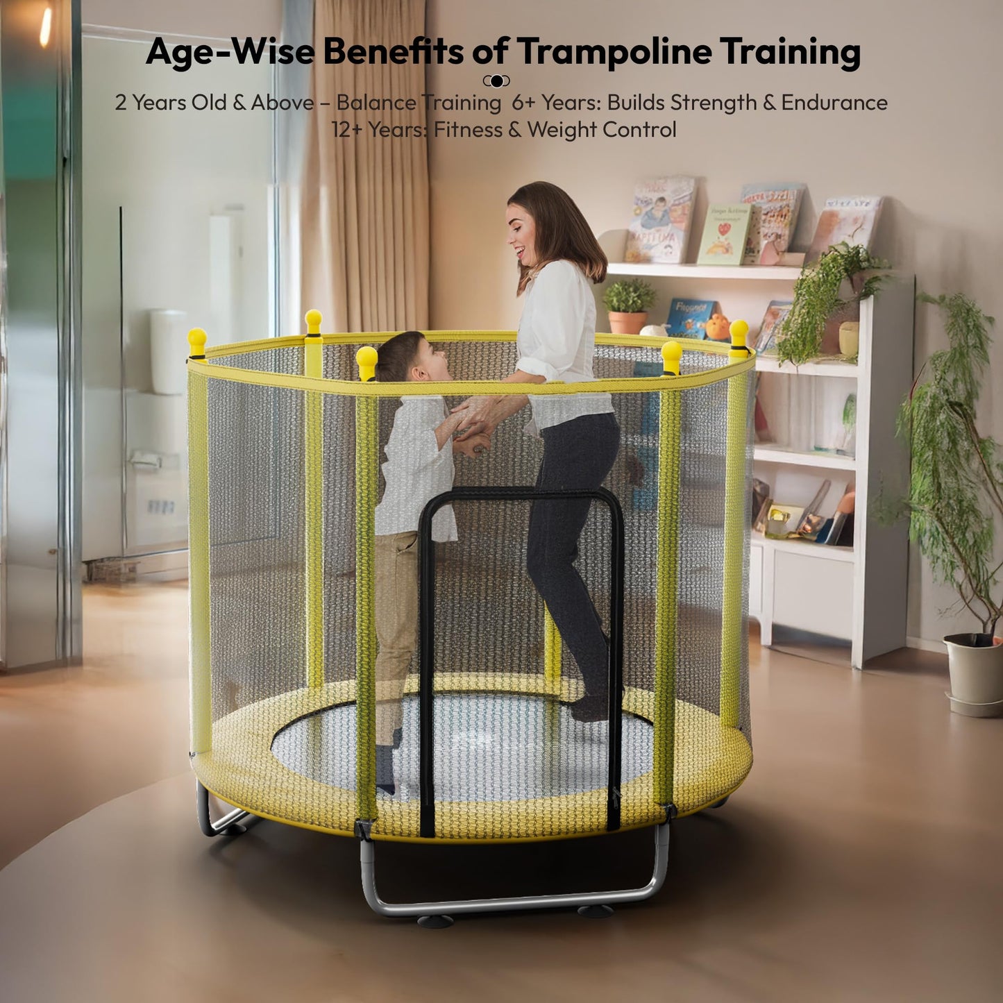 StarAndDaisy 55 inch Trampoline for Kids at Home with Safety Net/Trampoline for Adults, Indoor & Outdoor / 120KG Loading Capacity with Stainless Steel Frame & Legs -55 inch, 4.5 Feet (Yellow)