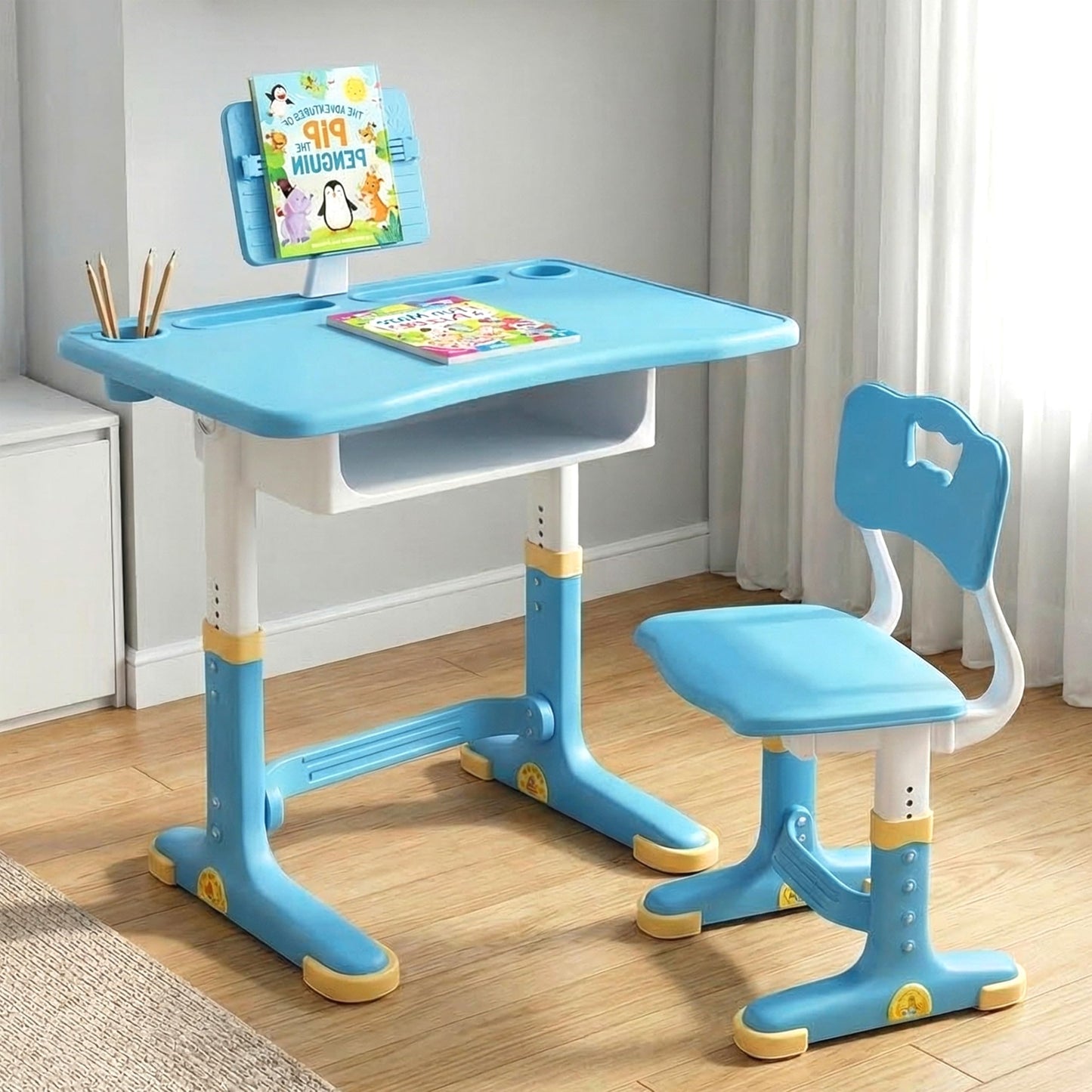 StarAndDaisy Kids Functional Desk and Chair Set, Height Adjustable Children School Study Table with, Bookholder Slot, Storage for Boys Girls.Sturdy 2 to 12 Years, Doodle Board -(Blue)
