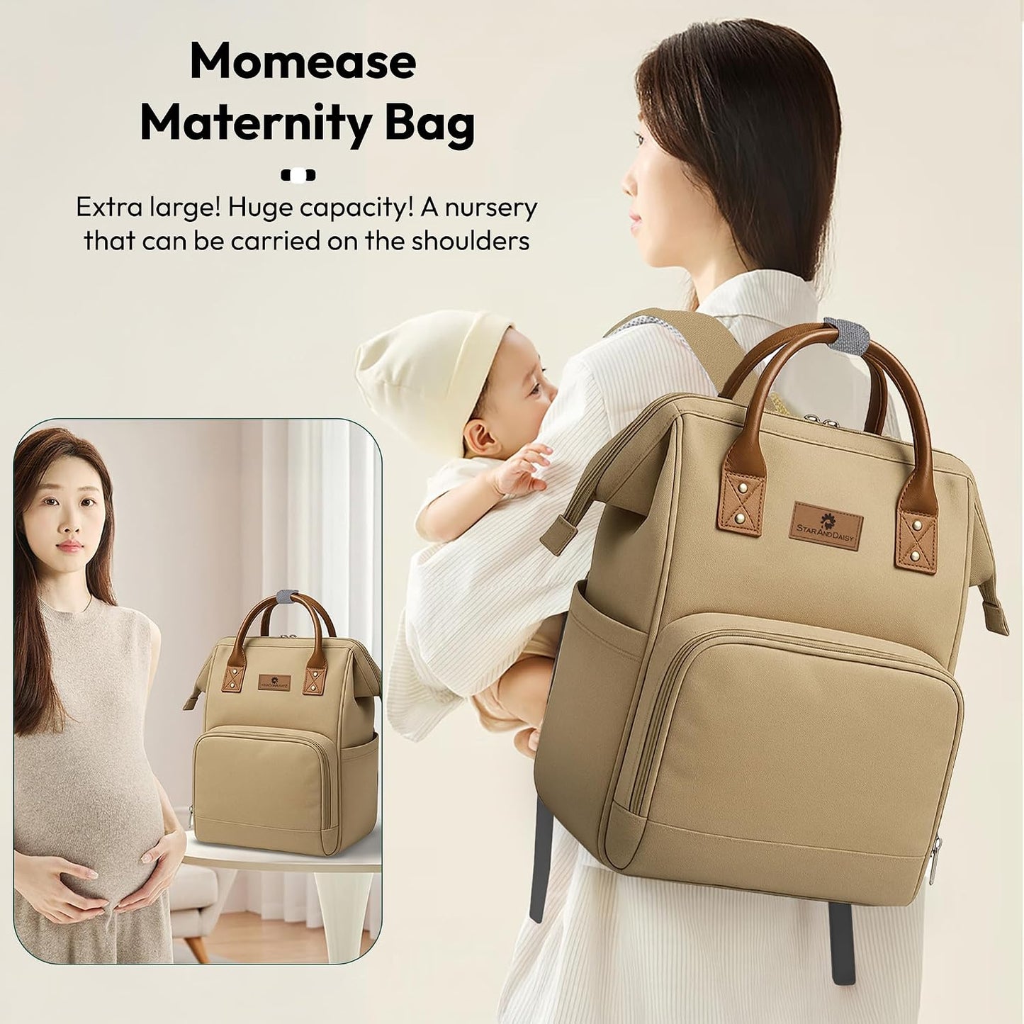 StarAndDaisy Diaper Backpack For Mothers For Travel/Diaper Bags For Mom With Multi Compartments, Insulated Bottle Pockets, Waterproof, Ultra Soft Oxford Fabric, 24Lt Capacity - Beige