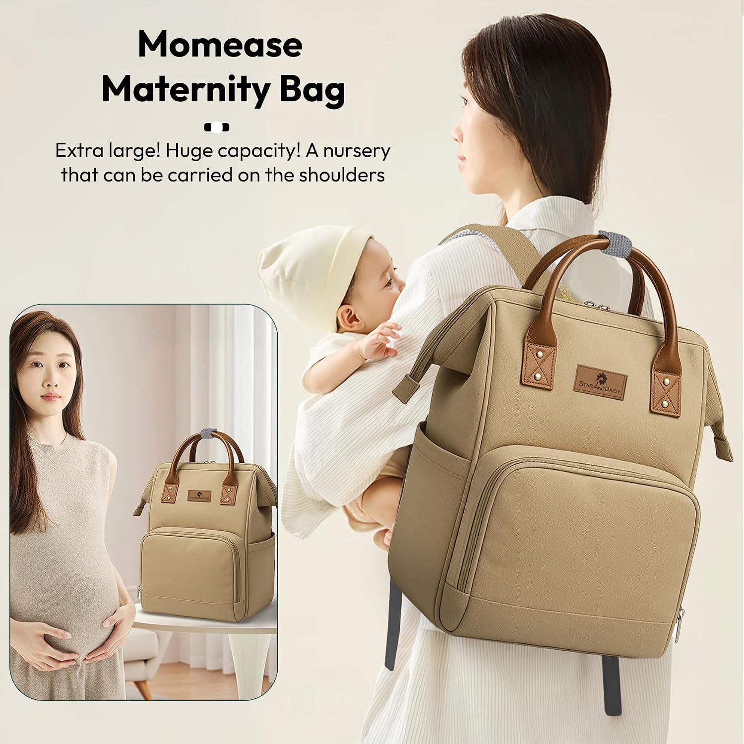 StarAndDaisy Diaper Backpack For Mothers For Travel/Diaper Bags For Mom With Multi Compartments, Insulated Bottle Pockets, Waterproof, Ultra Soft Oxford Fabric, 24Lt Capacity - Beige