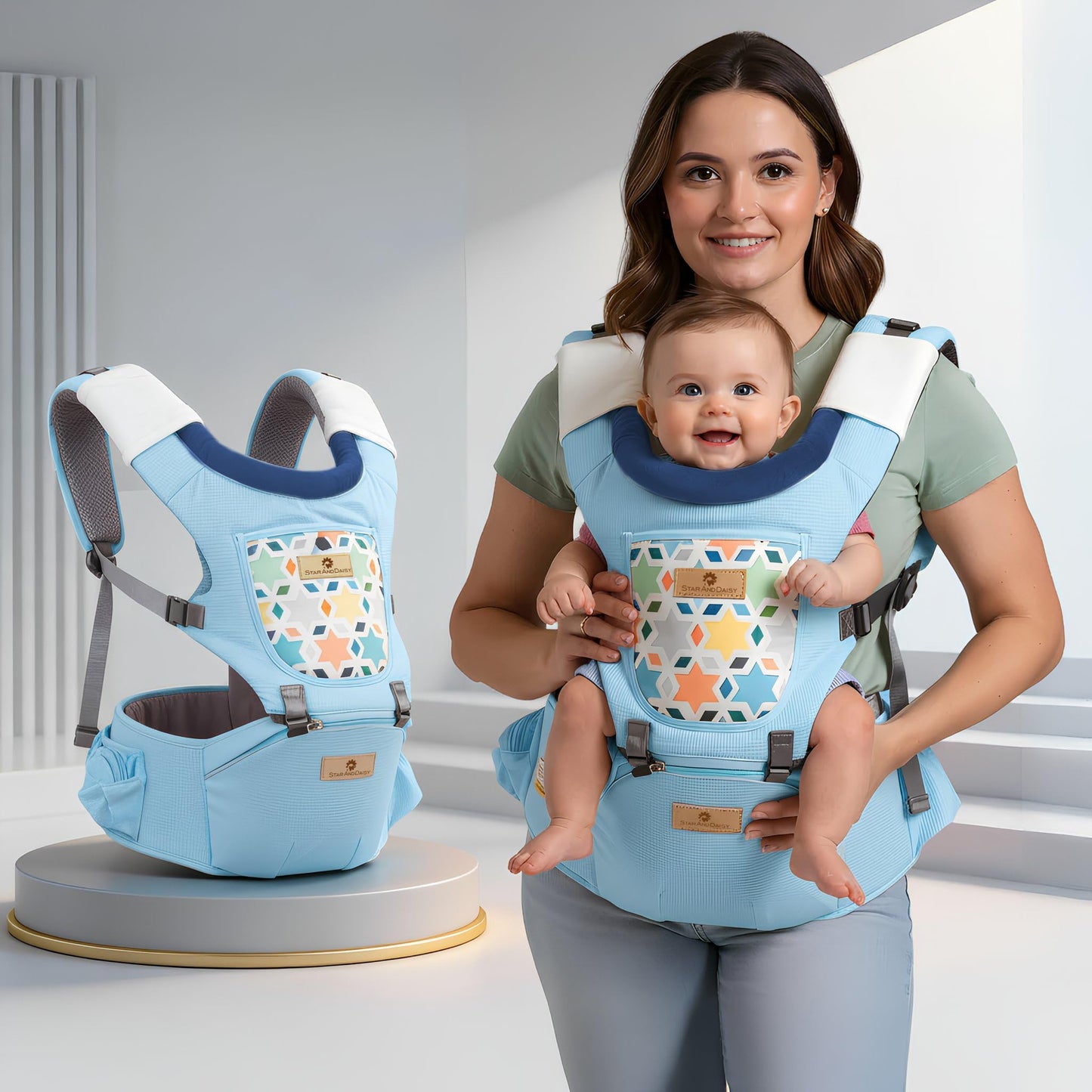StarAndDaisy 4-in-1 Baby Carrier for 0 to 3 Year Baby/Kangaroo Bag with Comfortable Soft Hip Seat/Baby Carrier - 4 Carrying Positions with 2 Storage Pockets - Blue (4-in-1 Light Blue)