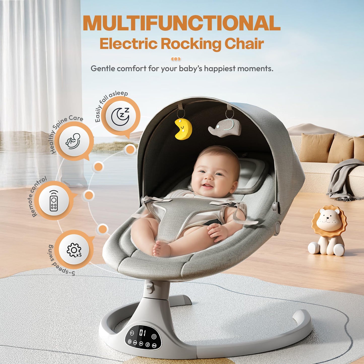 StarAndDaisy baby rockers for 0 to 2 years, Baby Multi functionalrocking chair / rocker for babies, Infants & Toddler with 5-level Automatic Swing & Bouncer/ cradle with touch panel & hanging toys - Beige
