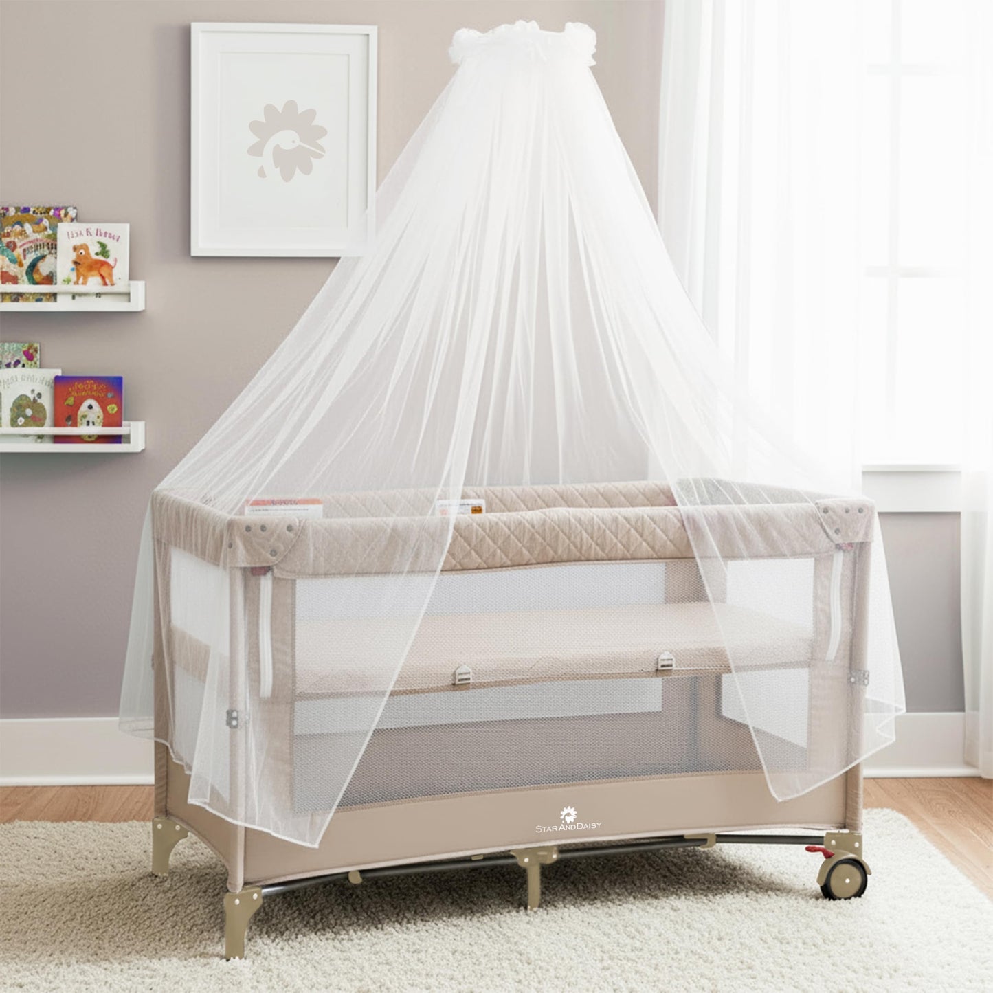 StarAndDaisy Cradle for New Born Baby Cradle for 0 to 3 Year Baby with Wheels,Storage Basket & Mosquito net Baby Sleeping Cradle/Bedside Bassinet for (CozyCove-Beige)