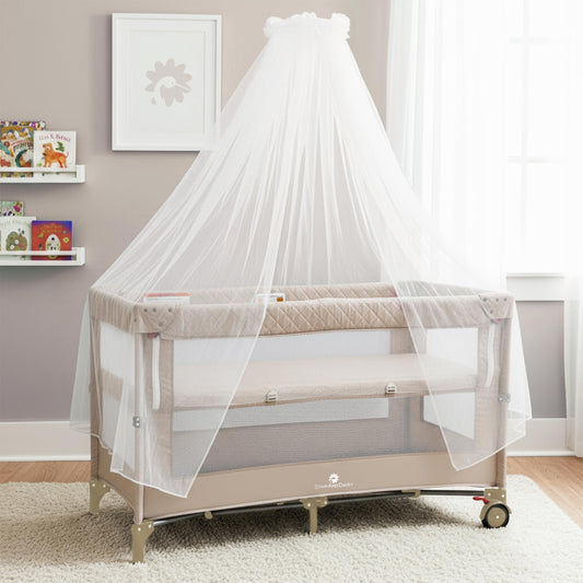 StarAndDaisy Cradle for New Born Baby Cradle for 0 to 3 Year Baby with Wheels,Storage Basket & Mosquito net Baby Sleeping Cradle/Bedside Bassinet for (CozyCove-Beige)