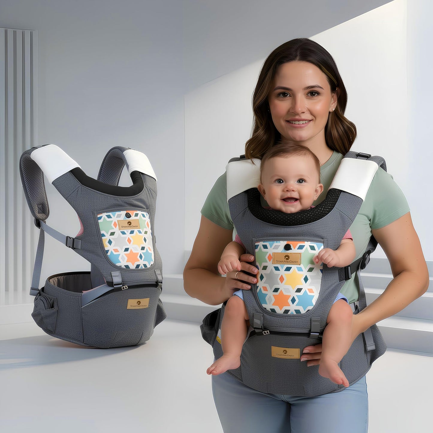 StarAndDaisy 4-in-1 Baby Carrier for 0 to 3 Year Baby/Kangaroo Bag with Comfortable Soft Hip Seat/Baby Carrier - 4 Carrying Positions, 2 Storage Pockets (Grey)