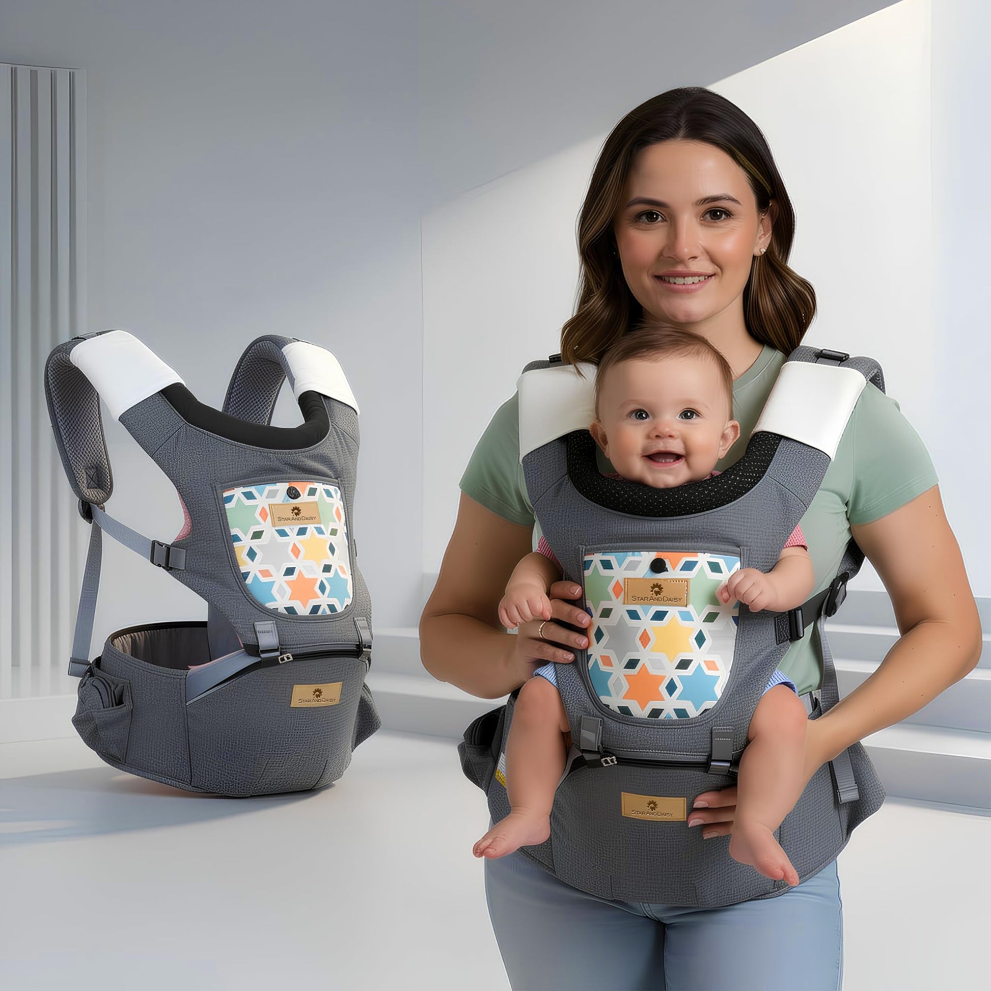 StarAndDaisy 4-in-1 Baby Carrier for 0 to 3 Year Baby/Kangaroo Bag with Comfortable Soft Hip Seat/Baby Carrier - 4 Carrying Positions, 2 Storage Pockets (Grey)