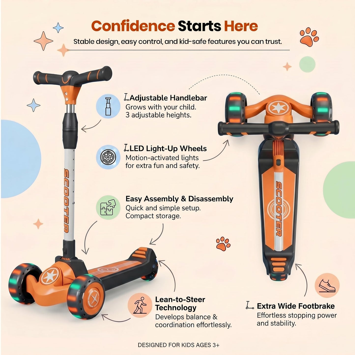 StarAndDaisy kick Scooter for Kids 3-12 Years Boys & Girls / 3-Wheel Skae Scooter Boys & Girls with Pu Light Up LED Wheels/Skating Scooter 5 Level Adjustable Height and Easy to Fold -Orange Black