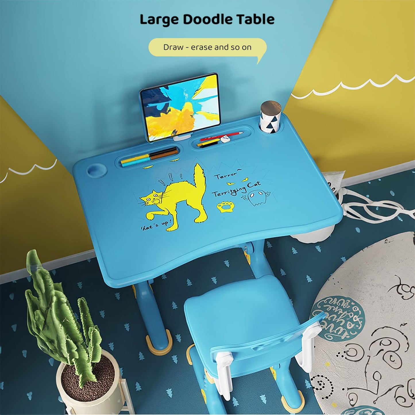 StarAndDaisy Kids Functional Desk and Chair Set, Height Adjustable Children School Study Table with, Bookholder Slot, Storage for Boys Girls.Sturdy 2 to 12 Years, Doodle Board -(Blue)