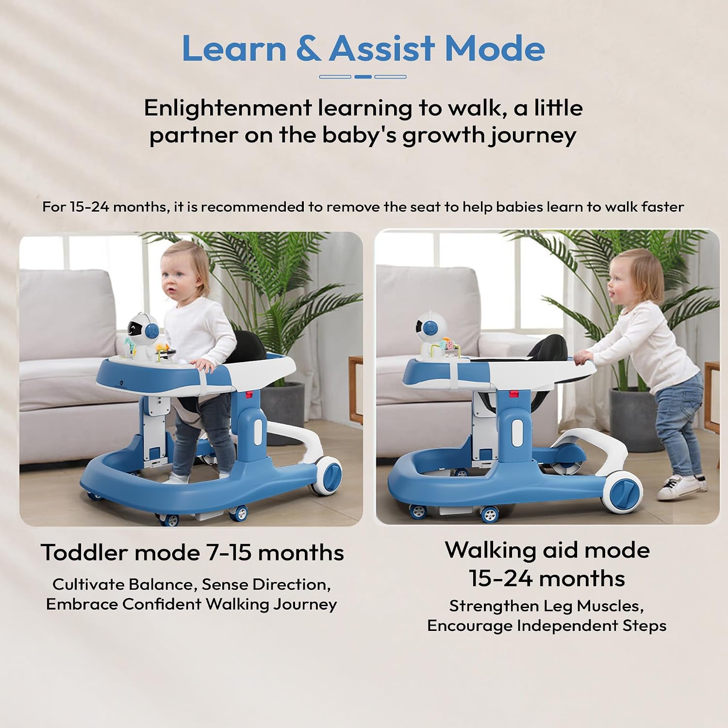 StarAndDaisy Baby Walker/Multifunction/Anti-o Shaped Leg/Anti-Fall/Music Box/Height Adjustment/Baby/Newborn/girl/boy/6-15months *with SEAT Cushion (Premium Blue)