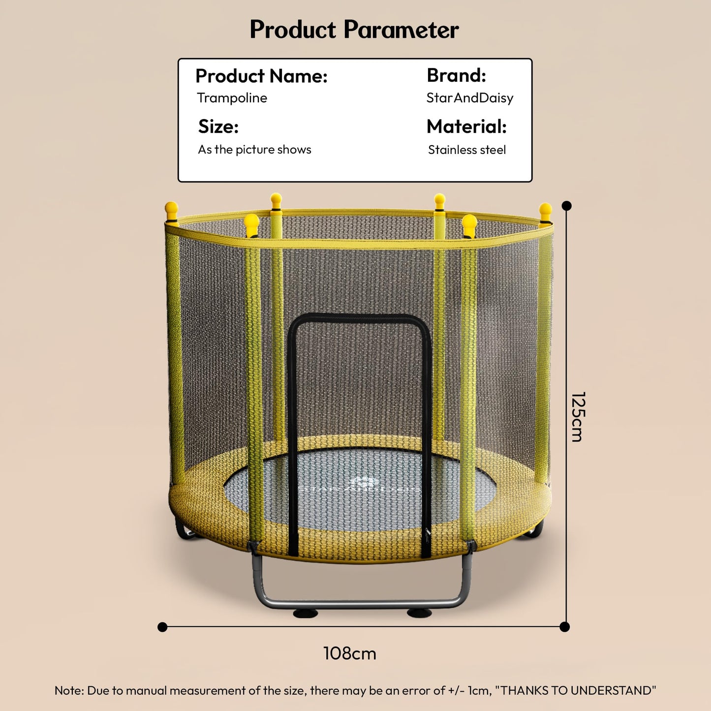 StarAndDaisy 55 inch Trampoline for Kids at Home with Safety Net/Trampoline for Adults, Indoor & Outdoor / 120KG Loading Capacity with Stainless Steel Frame & Legs -55 inch, 4.5 Feet (Yellow)