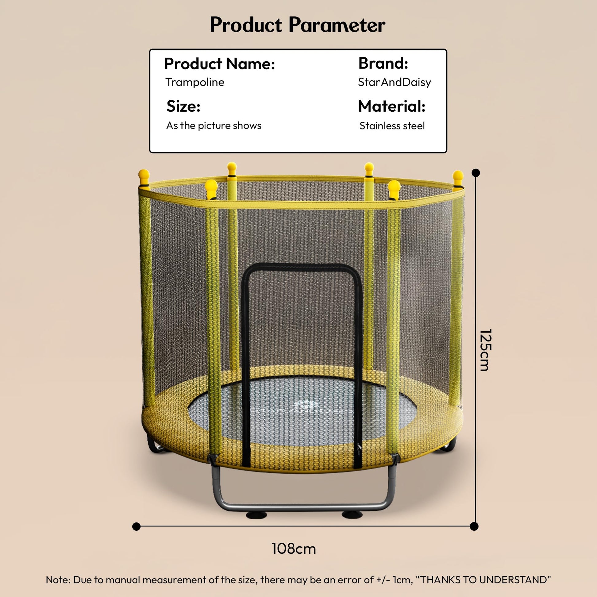 StarAndDaisy 55 inch Trampoline for Kids at Home with Safety Net/Trampoline for Adults, Indoor & Outdoor / 120KG Loading Capacity with Stainless Steel Frame & Legs -55 inch, 4.5 Feet (Yellow)