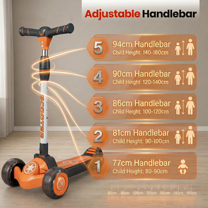 StarAndDaisy kick Scooter for Kids 3-12 Years Boys & Girls / 3-Wheel Skae Scooter Boys & Girls with Pu Light Up LED Wheels/Skating Scooter 5 Level Adjustable Height and Easy to Fold -Orange Black