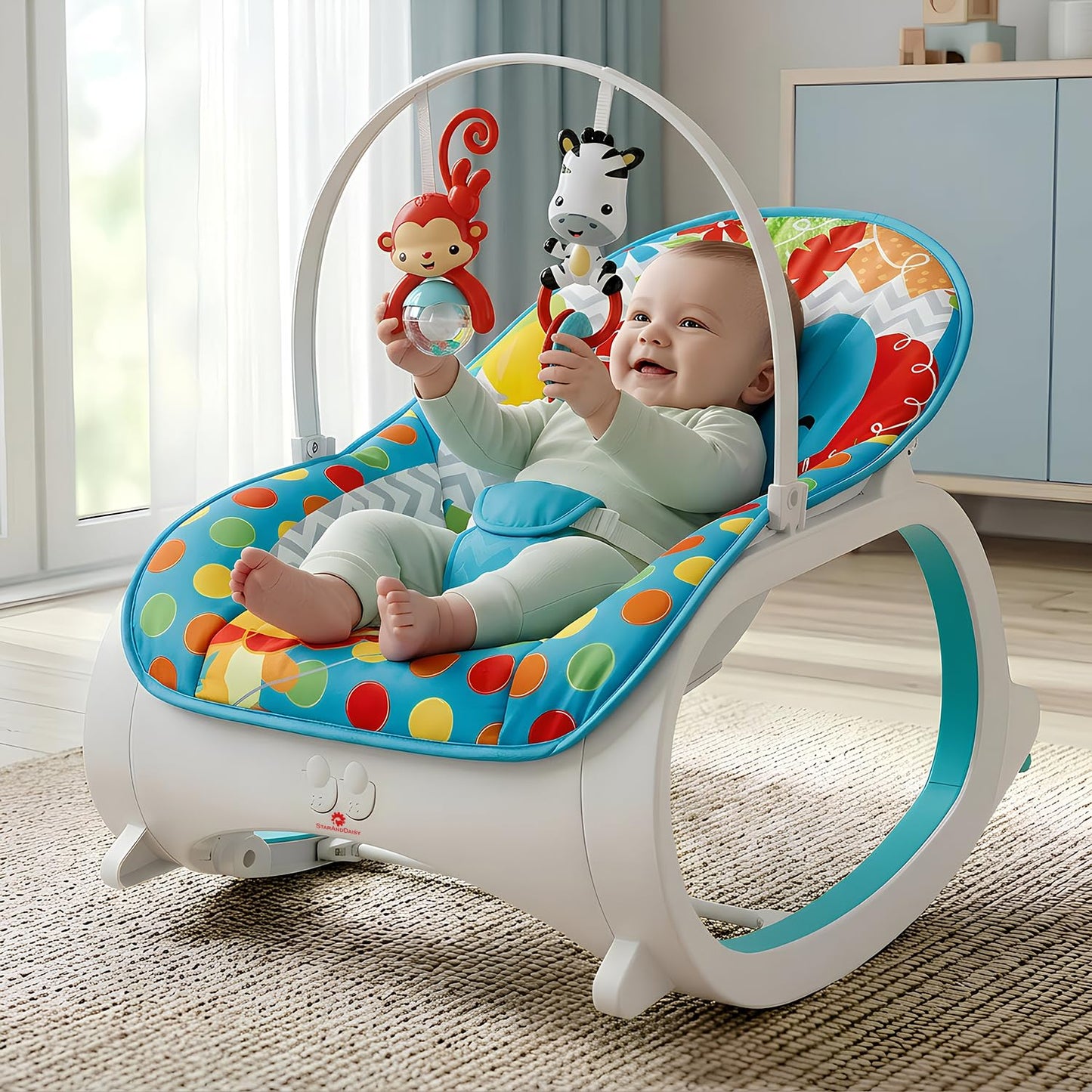 StarAndDaisy Baby Rockers for 0 to 2 Years, Baby Multi Functional Rocker chair for Babies, Infants & Toddler with Removable Mattress, Swing & Bouncer/Cradle with Vibrations, music & Hanging Toys (Rocker-Blue)
