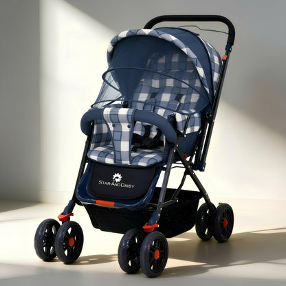 StarAndDaisy Baby Stroller for 0–3 Years, Foldable Baby Stroller/Pram with Mosquito Net, Large Storage Basket, 5 Point Safety Harness