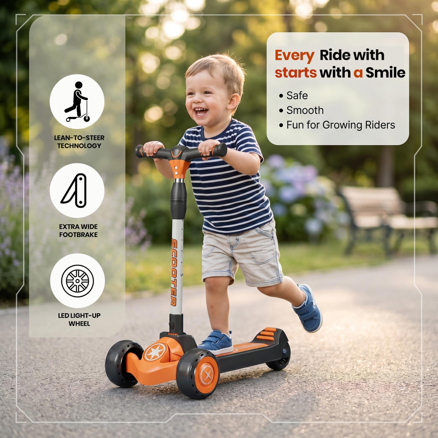 StarAndDaisy kick Scooter for Kids 3-12 Years Boys & Girls / 3-Wheel Skae Scooter Boys & Girls with Pu Light Up LED Wheels/Skating Scooter 5 Level Adjustable Height and Easy to Fold -Orange Black