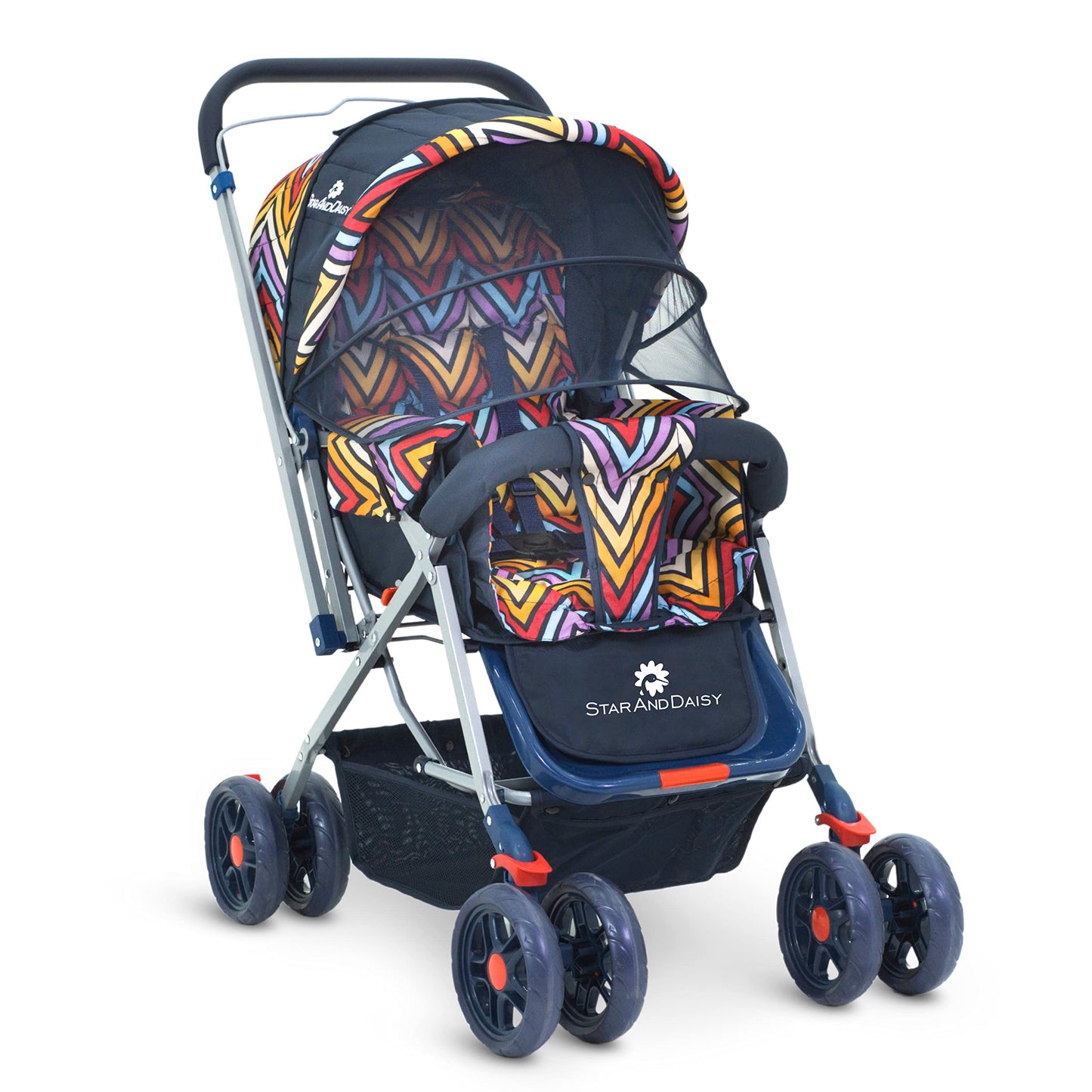 StarAndDaisy Sunrise Reversible Baby Stroller and Pram with Mosquito Net and Wheel Breaks Cushion (Vibrant-Stroller)