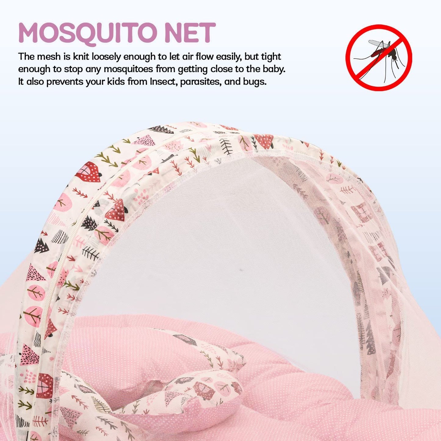 Baybee Cotton Baby Modern Bedding Set For New Born Baby Bed Mattress With Zip Mosquito Net Neck Pillow&2 Bolsters Sleeping Nest Travel Bed ,Infant Toddler Bed Set Gifts For Baby Boy Girl 0-6 M Pink