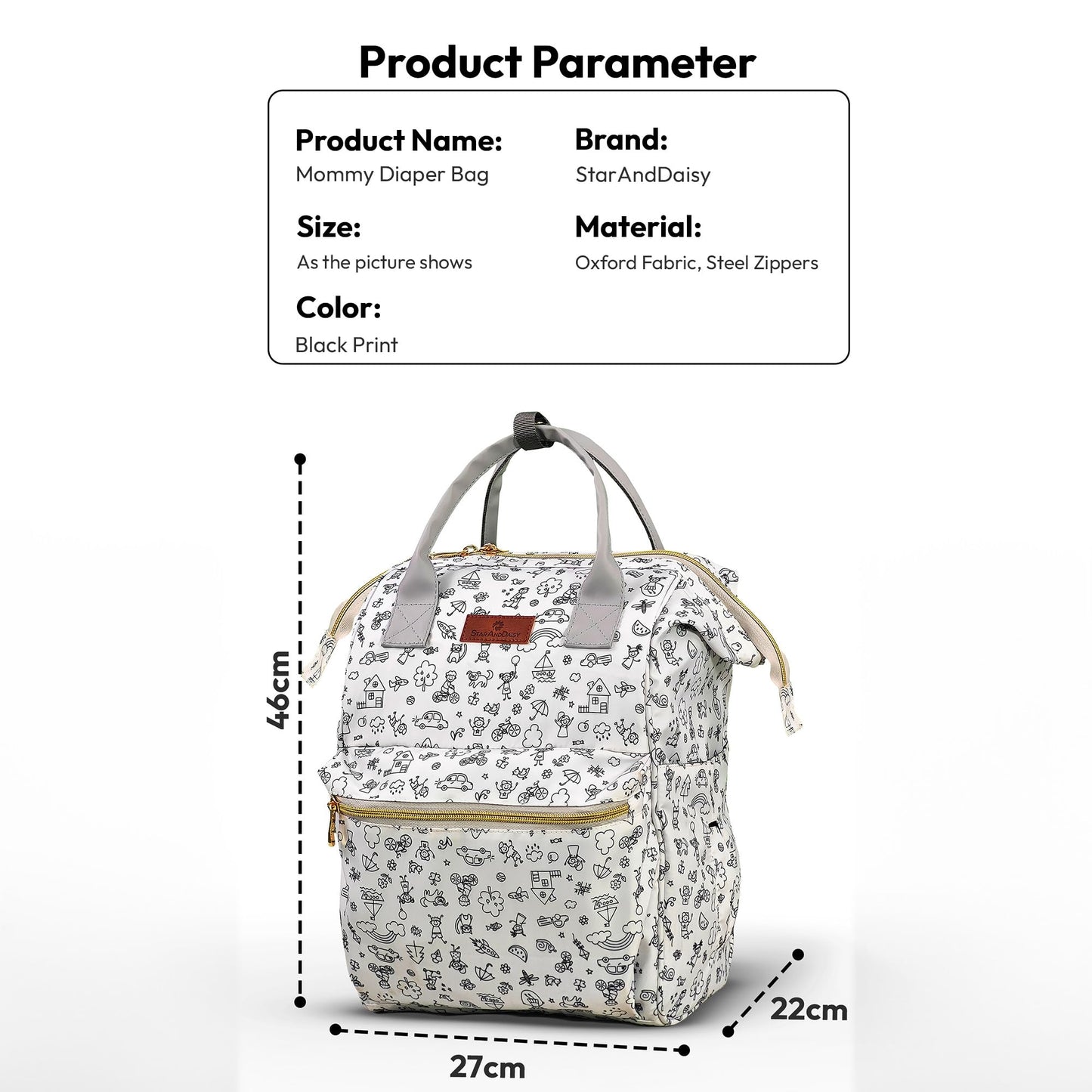 StarAndDaisy Baby Diaper Bag for Mother Travel/Diaper Bags for Mother for Travel with Laptop Pocket, Multi Compartments, Insulated Bottle Pockets, Waterproof, Ultra soft fabric -Printed Grey