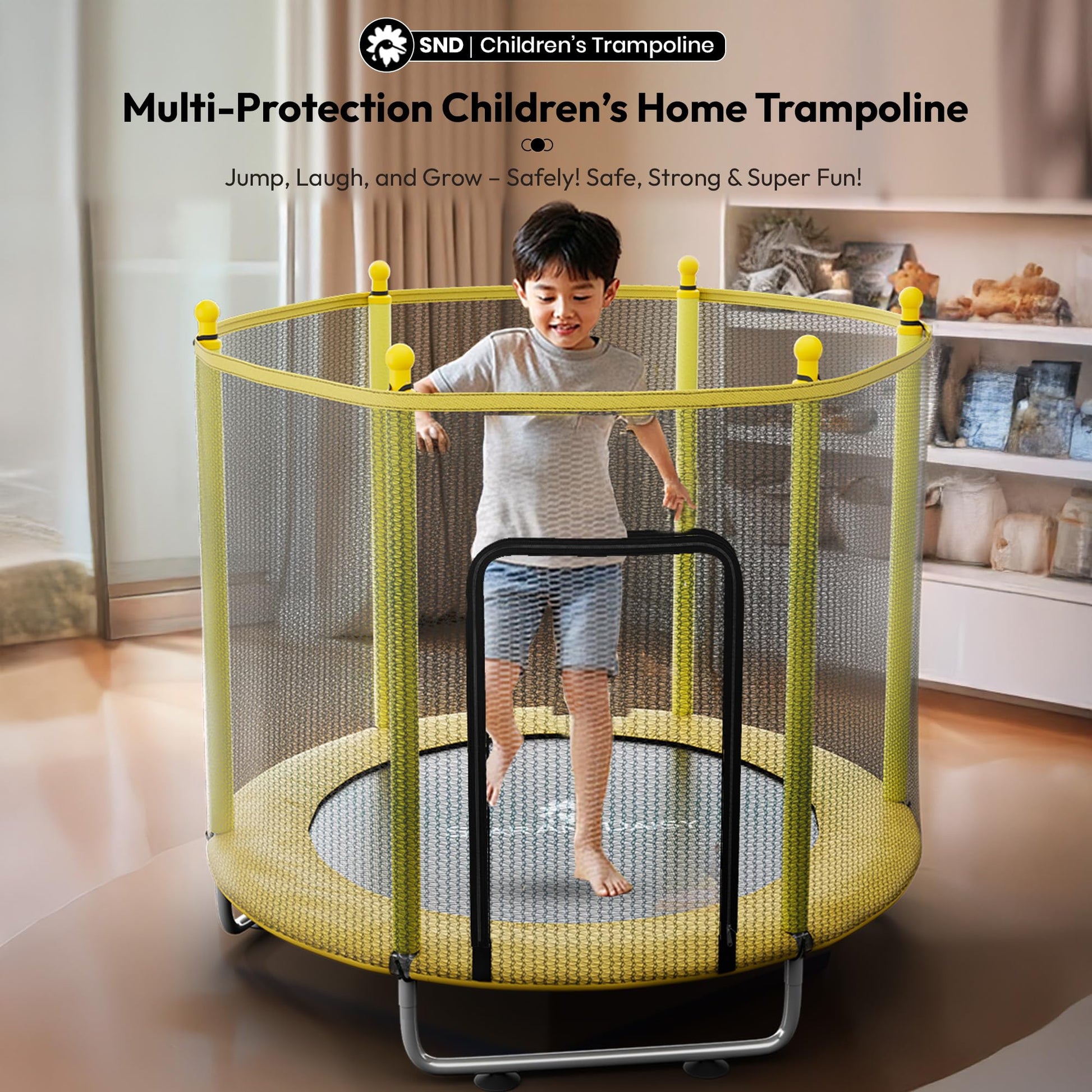 StarAndDaisy 55 inch Trampoline for Kids at Home with Safety Net/Trampoline for Adults, Indoor & Outdoor / 120KG Loading Capacity with Stainless Steel Frame & Legs -55 inch, 4.5 Feet (Yellow)
