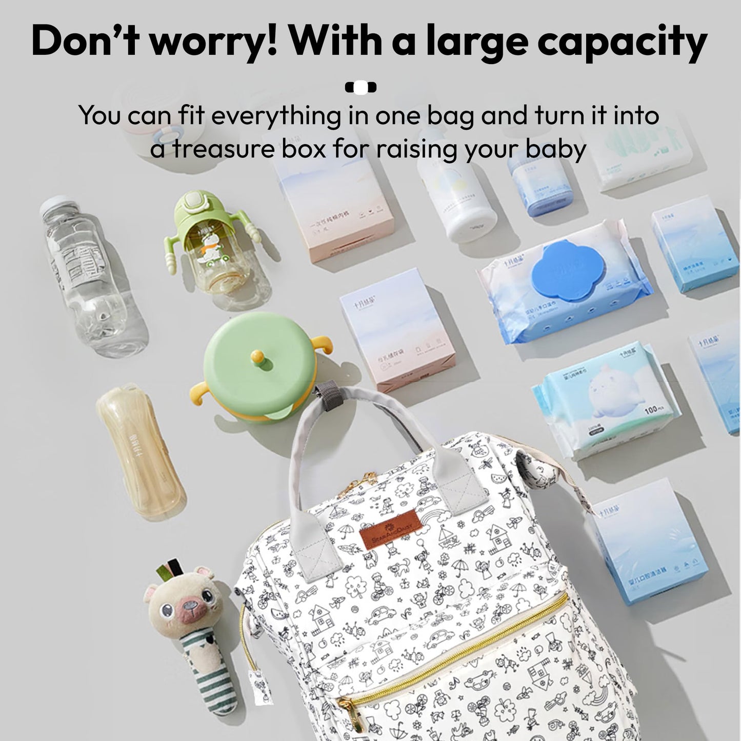 StarAndDaisy Baby Diaper Bag for Mother Travel/Diaper Bags for Mother for Travel with Laptop Pocket, Multi Compartments, Insulated Bottle Pockets, Waterproof, Ultra soft fabric -Printed Grey
