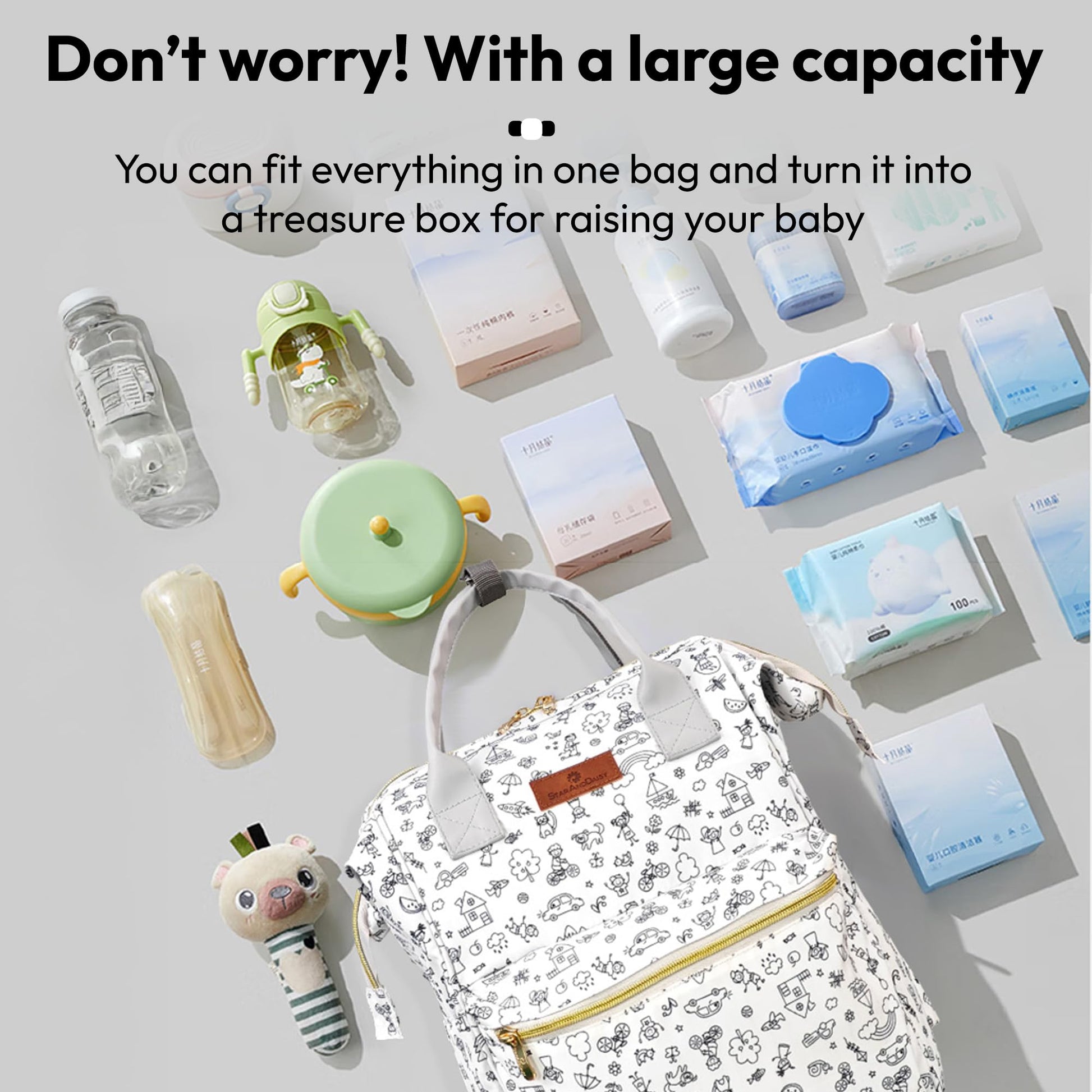 StarAndDaisy Baby Diaper Bag for Mother Travel/Diaper Bags for Mother for Travel with Laptop Pocket, Multi Compartments, Insulated Bottle Pockets, Waterproof, Ultra soft fabric -Printed Grey