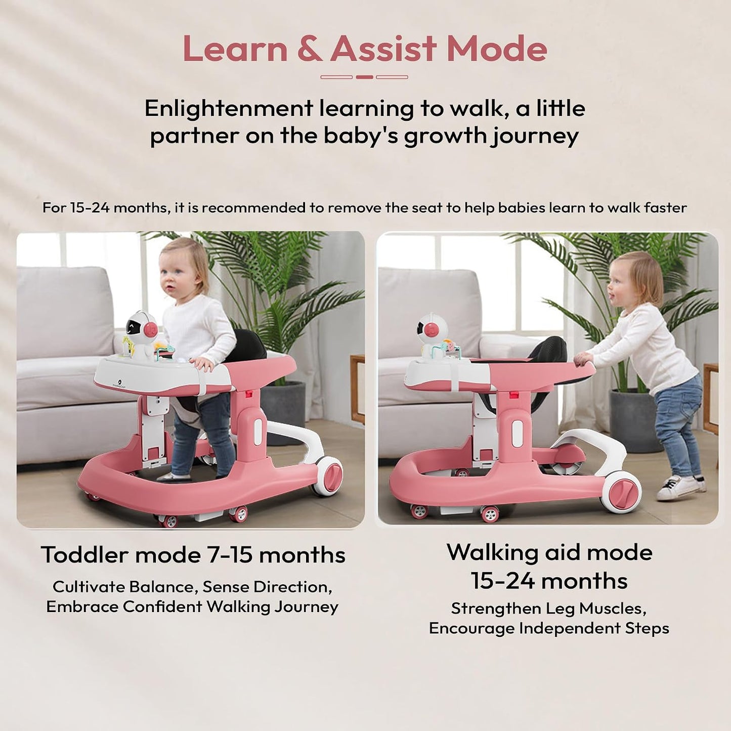 StarAndDaisy Baby Walker/Multifunction/Anti-o Shaped Leg/Anti-Fall/Music Box/Height Adjustment/Baby/Newborn/girl/boy/6-15months *with SEAT Cushion (Premium Pink)
