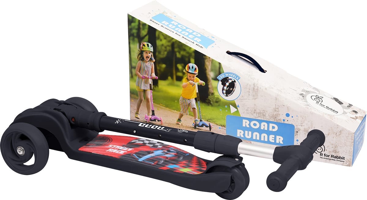 R for Rabbit Road Runner Scooter - PU LED Wheels, 4 Level Height Adjustment, Anti Slip Deck Black