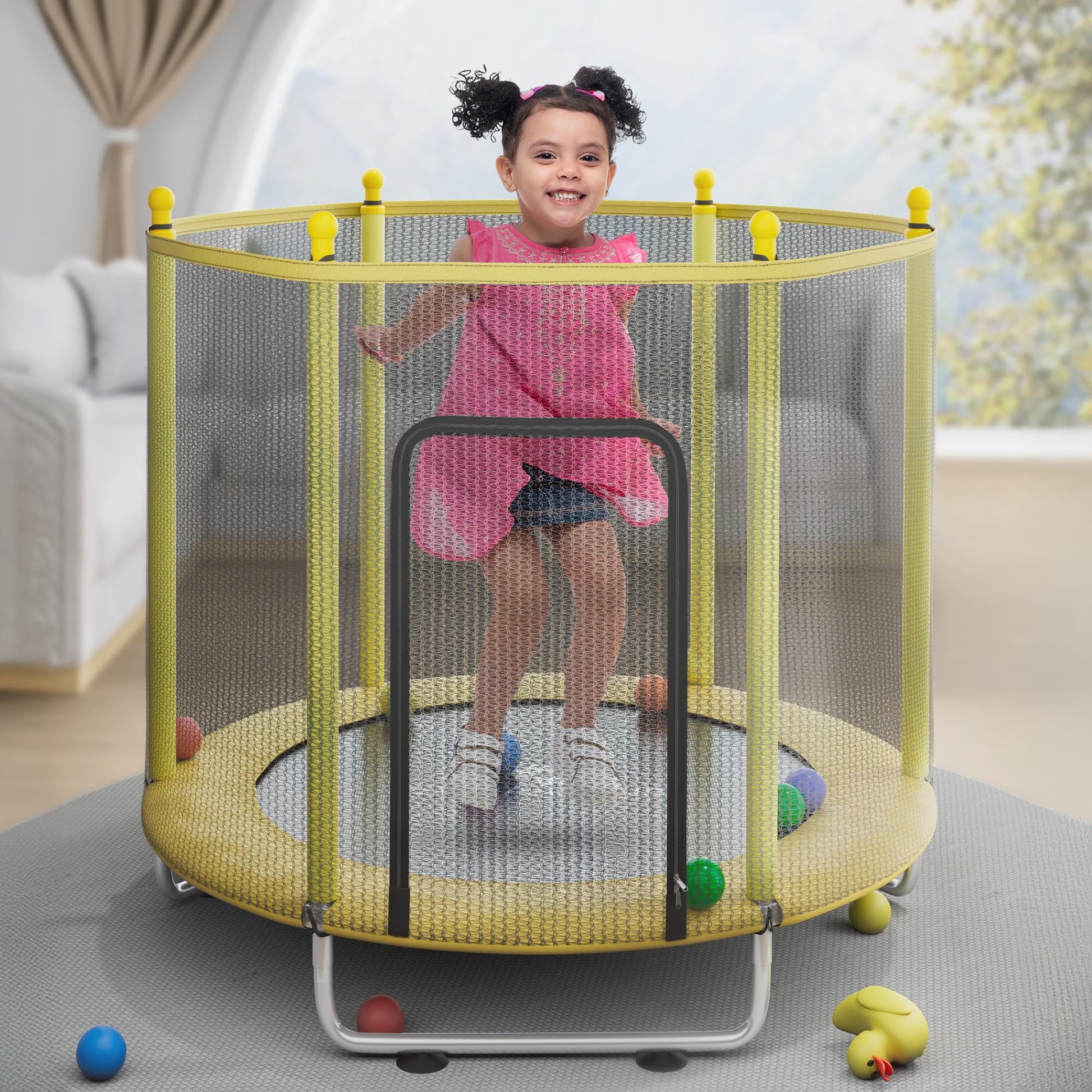 StarAndDaisy 55 inch Trampoline for Kids at Home with Safety Net/Trampoline for Adults, Indoor & Outdoor / 120KG Loading Capacity with Stainless Steel Frame & Legs -55 inch, 4.5 Feet (Yellow)
