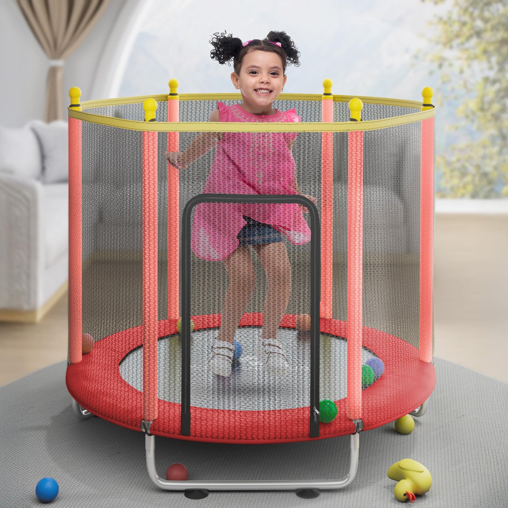 StarAndDaisy Trampoline for Kids at Home with Safety Net/Trampoline for Adults, Indoor & Outdoor / 120KG Loading Capacity with Stainless Steel Frame & Legs -55 inch, 4.5 Feet (Red)