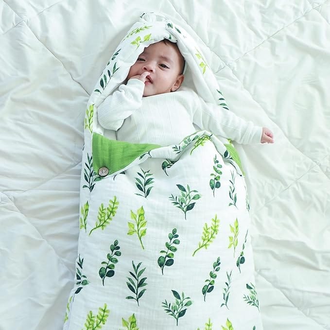 Haus and Kinder 3 in 1 Baby Sleeping Bag and Carry Nest | Cotton Bedding Set for Infants and New Born Baby | Portable and Travel Friendly | 0-6 Months (Be-Leaf in Yourself)