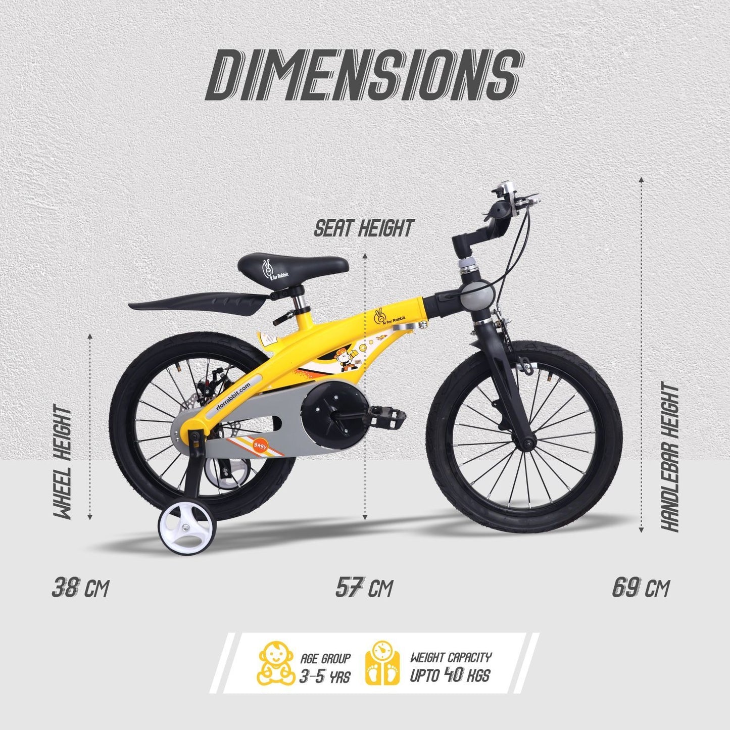 R for Rabbit Tiny Toes Jazz 14T Bicycle - Adjustable Structure, Seat & Handlebar, 90% Installed Yellow