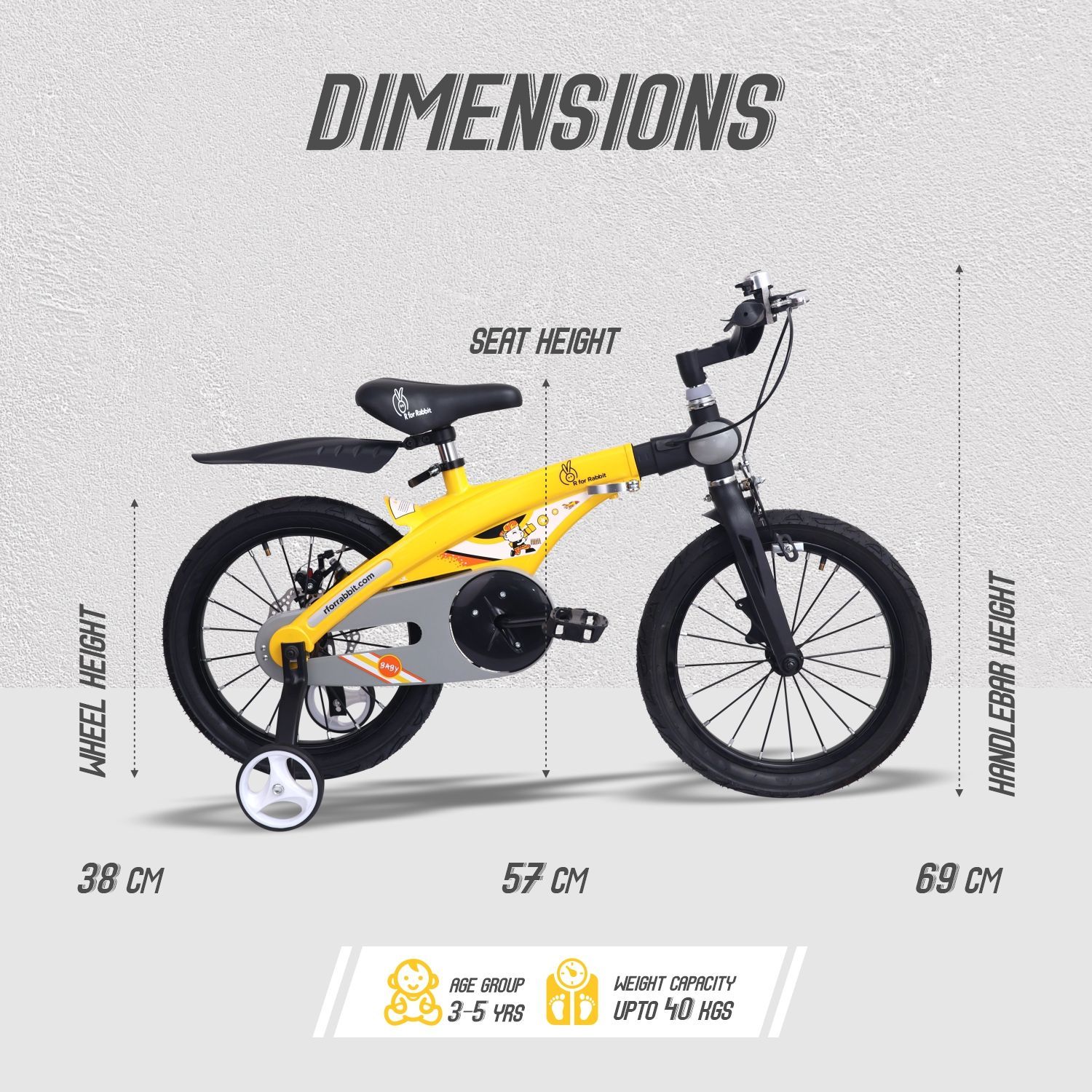 R for Rabbit Tiny Toes Jazz 14T Bicycle - Adjustable Structure, Seat & Handlebar, 90% Installed Yellow