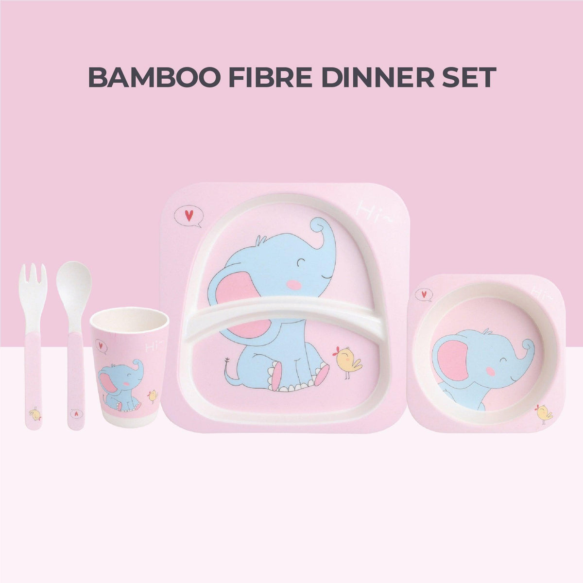 Polka Tots Eco Friendly 5 Pc Bamboo Fiber Dinner Set For Toddler (Bird & Elephant)