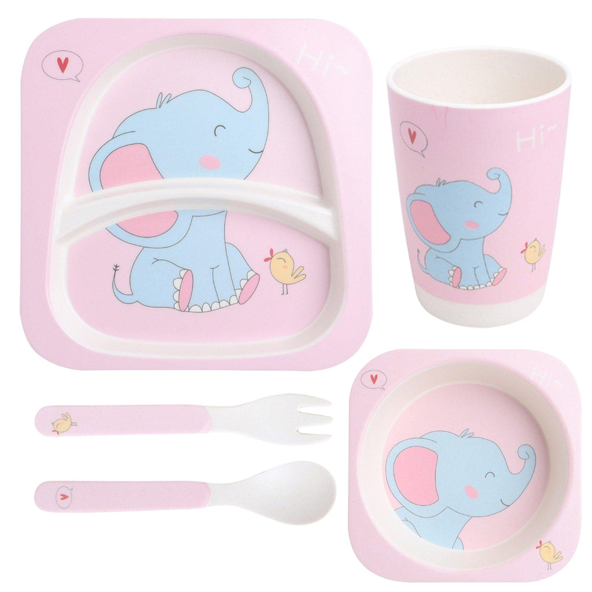 Polka Tots Eco Friendly 5 Pc Bamboo Fiber Dinner Set For Toddler (Bird & Elephant)