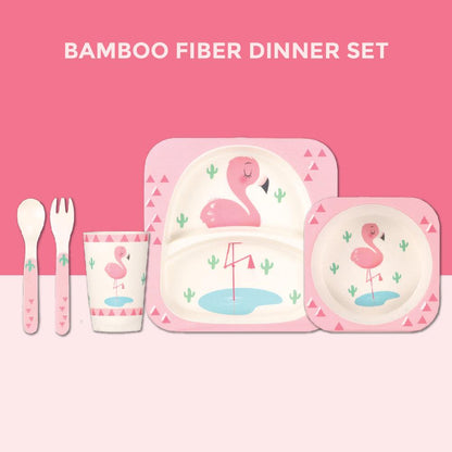 Polka Tots Eco Friendly 5 Pc Bamboo Fiber Dinner Set For Toddler (Flamingo)