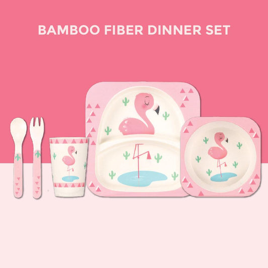 Polka Tots Eco Friendly 5 Pc Bamboo Fiber Dinner Set For Toddler (Flamingo)