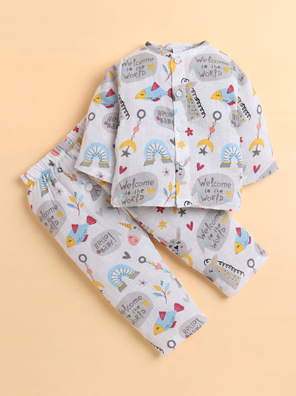 Polka Tots Muslin Cotton Printed Full Sleeve Jabla Pant - White (3-6 Months)