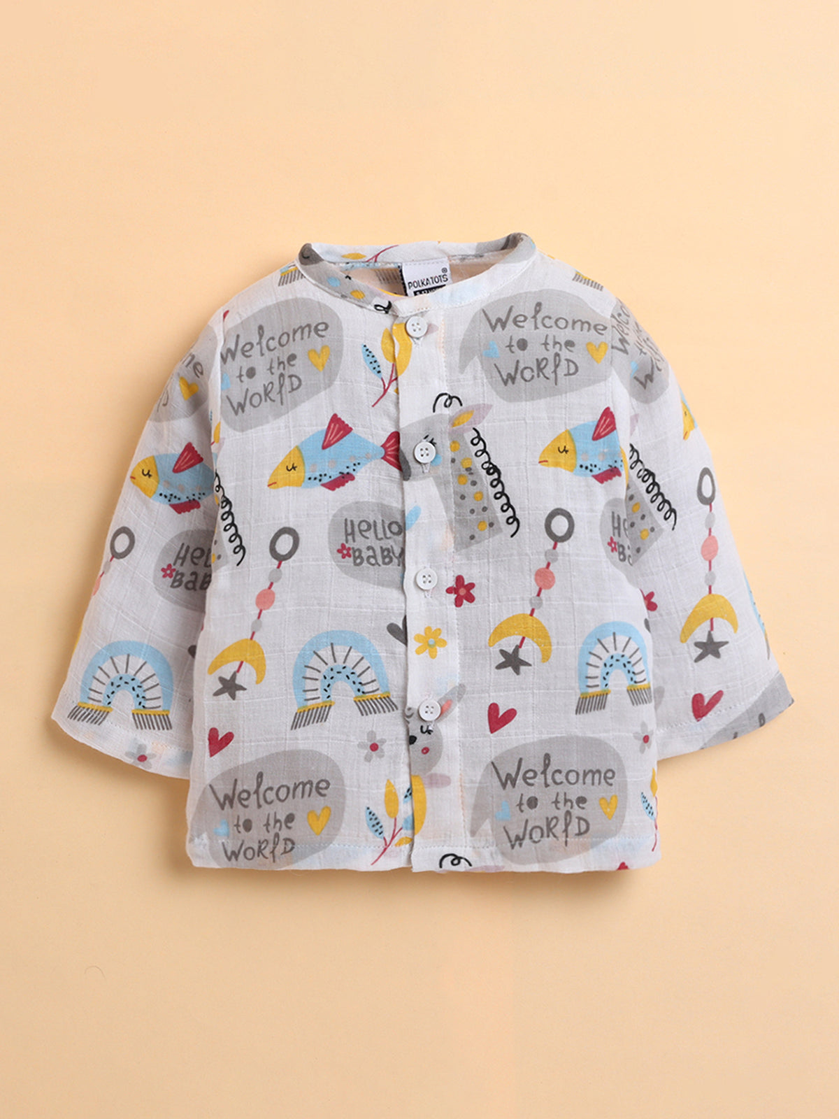 Polka Tots Muslin Cotton Printed Full Sleeve Jabla Pant - White (3-6 Months)